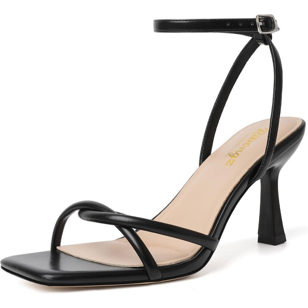 Women's Black Square Open Toe Kitten Strappy Ankle Strap Heeled Sandals Shoes